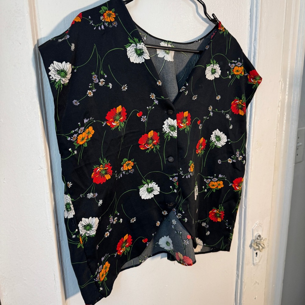Vintage 70s French Floral Poppy V-Neck Button Plus Size Blouse Cottagecore Vest - Picture 2 of 8